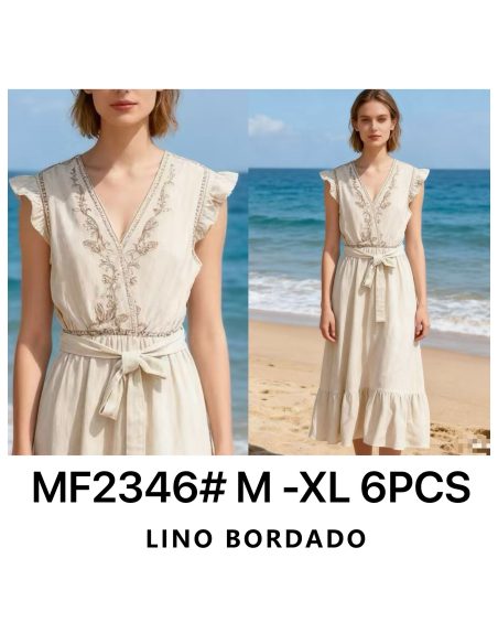 Abito midi ricamato con volant e cintura