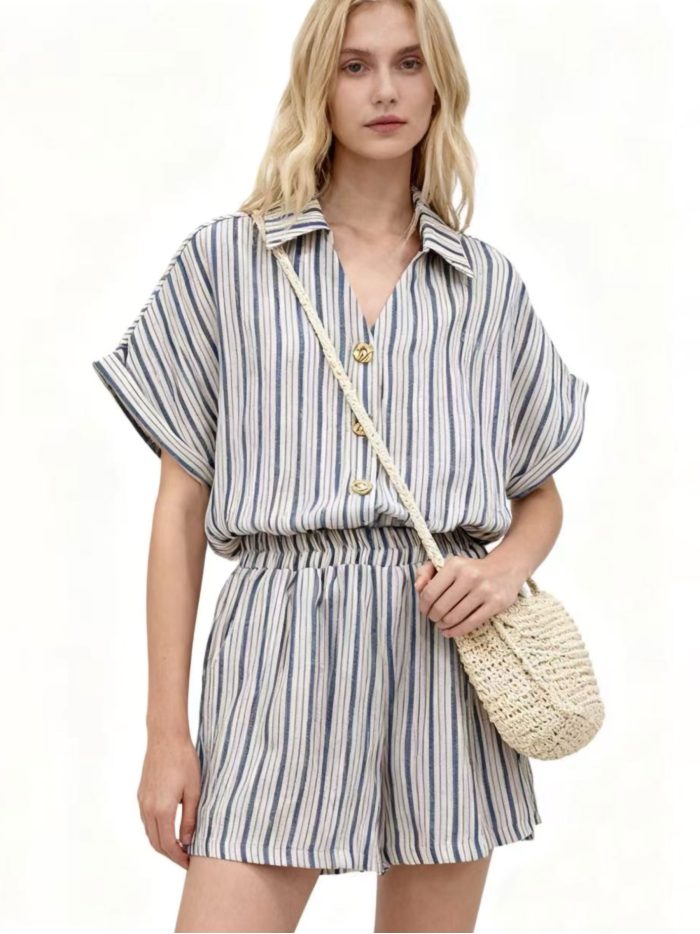 Conjunto de efecto lino: camisa rayas con botones dorados y short