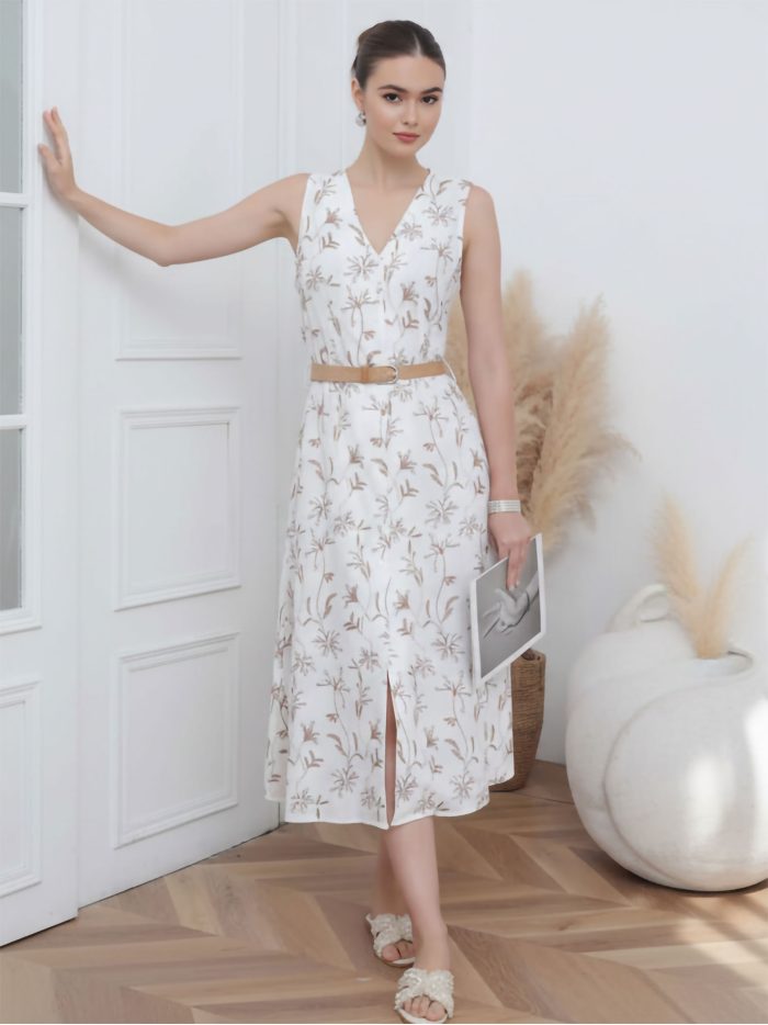 Embroidered floral midi dress with belt