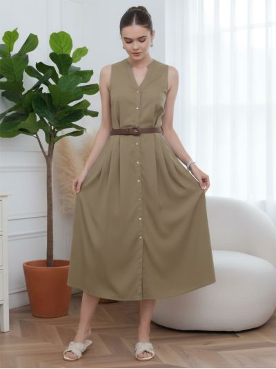 Vestido midi sin mangas con cinturón