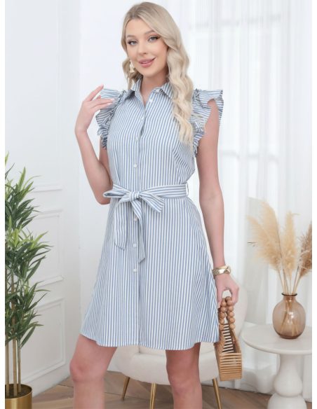 Vestido curto listrado estilo camisa com babado
