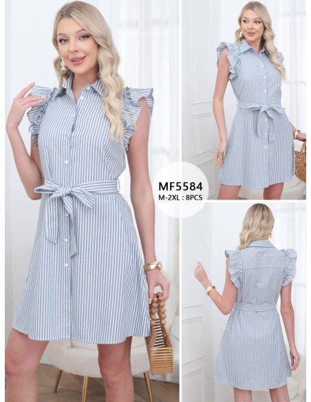 Vestido curto listrado estilo camisa com babado