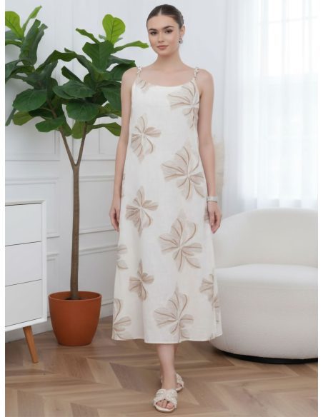 Robe longue brodée de feuilles et de bretelles perlées