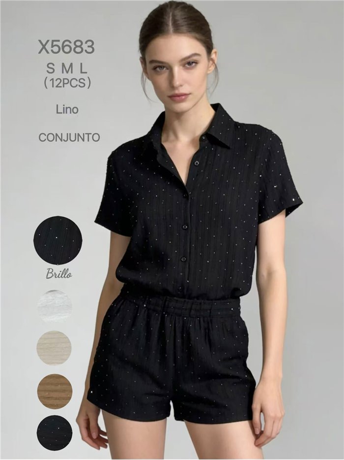 Conjunto de camisa efecto lino con strass y short