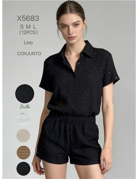 Conjunto de camisa efecto lino con strass y short