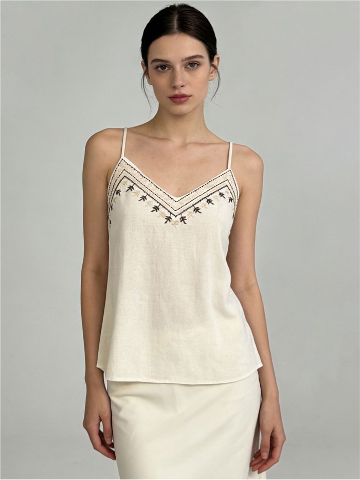 Regata bordada com efeito linho