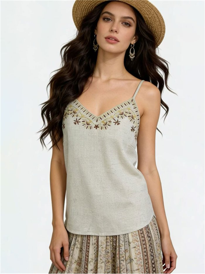 Canotta ricamata effetto lino