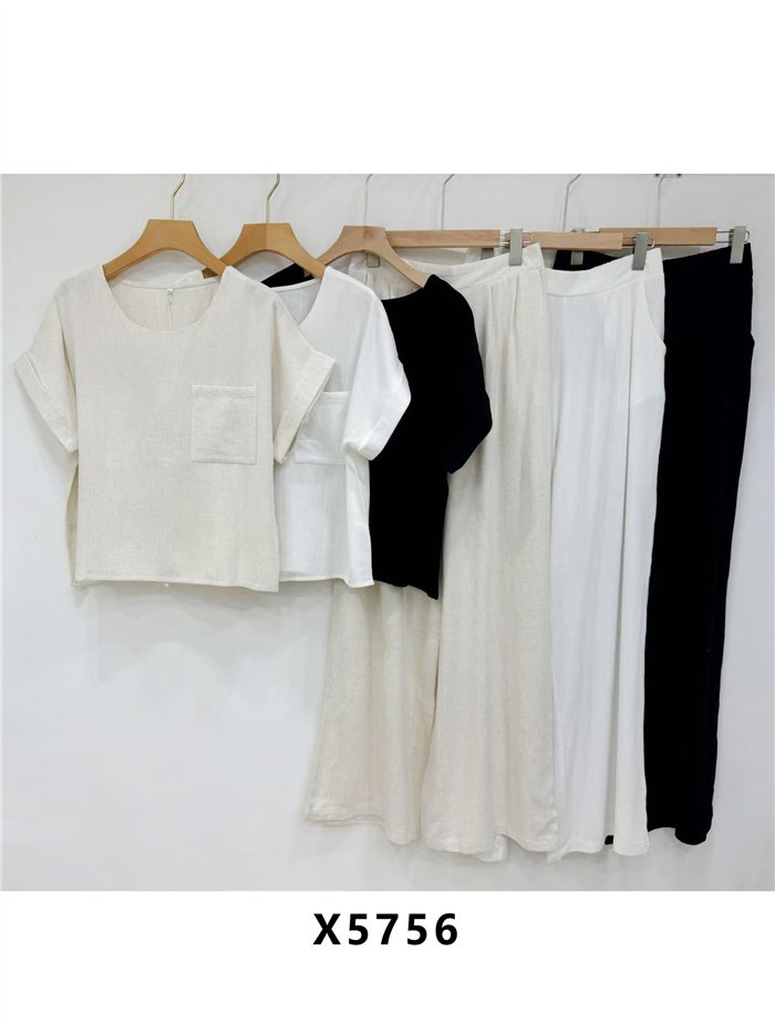 Conjunto de blusa efecto lino y pantalón