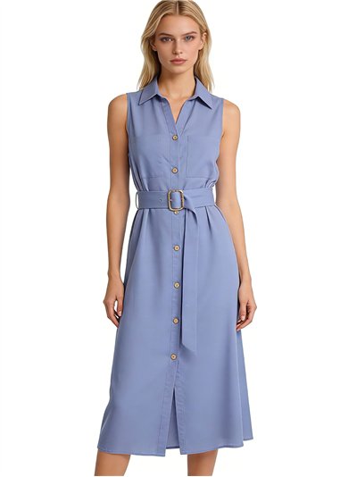 Vestido camisero midi sin mangas con cinturón