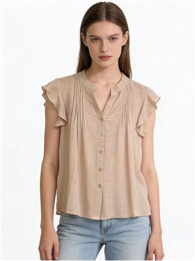 Blusa efecto lino con volantes y pliegues