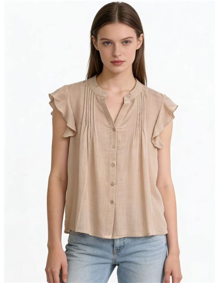 Blusa efecto lino con volantes y pliegues