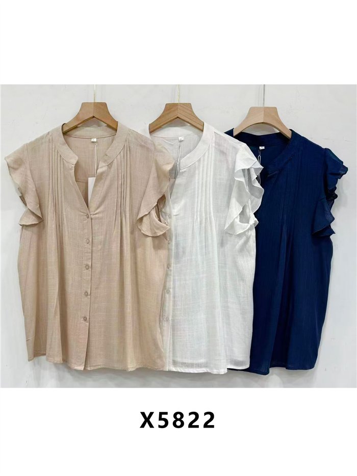 Blusa efecto lino con volantes y pliegues