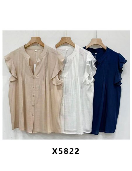 Blusa efecto lino con volantes y pliegues