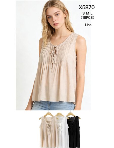 Blusa efecto lino con pliegues y lazada