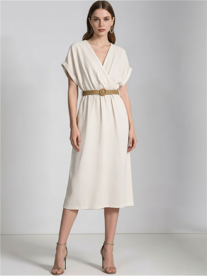 Vestido midi cruzado lino con cinturón
