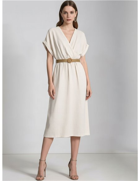 Vestido midi cruzado lino con cinturón
