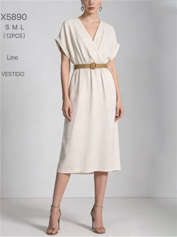 Vestido midi cruzado lino con cinturón