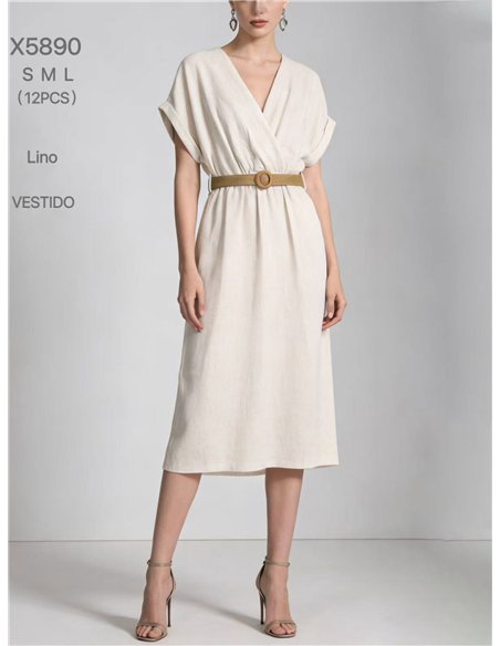 Vestido midi cruzado lino con cinturón