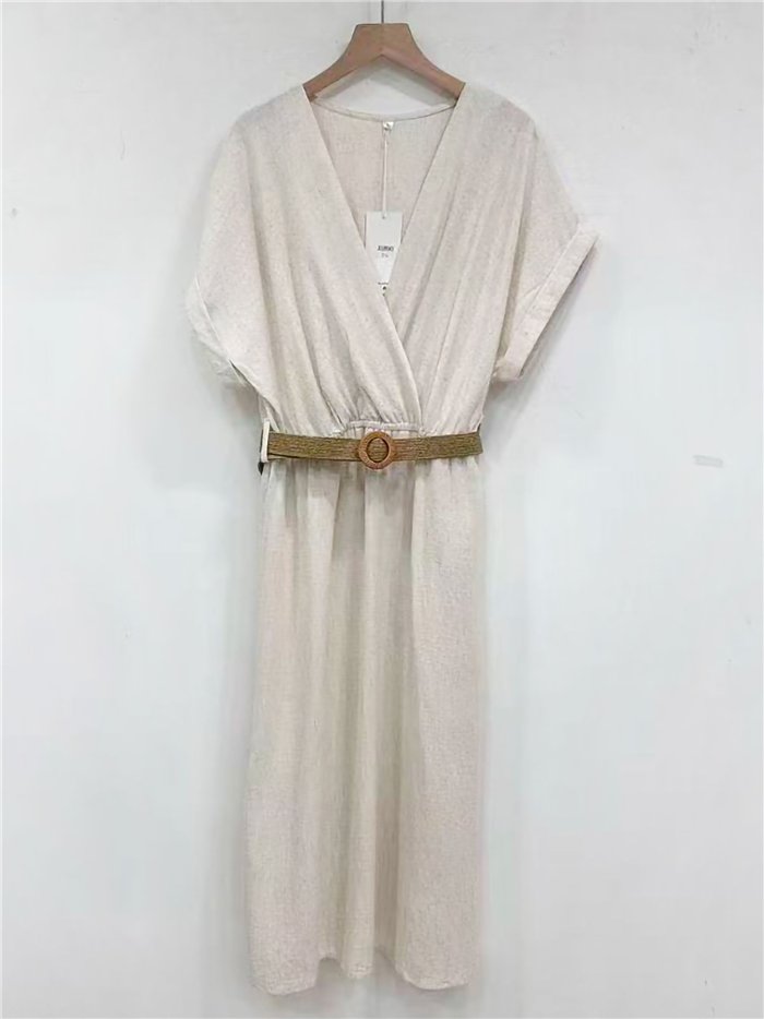 Vestido midi cruzado lino con cinturón