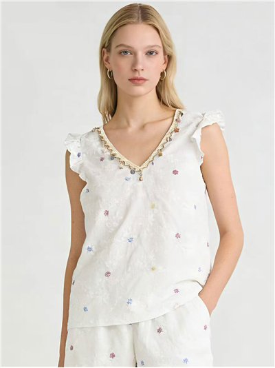 Blusa bordada flores con volante