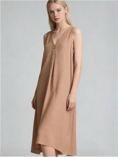 Vestido midi efecto lino con botón