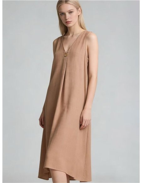 Vestido midi efecto lino con botón
