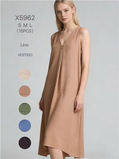 Vestido midi efecto lino con botón 2