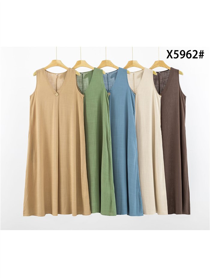 Vestido midi efecto lino con botón