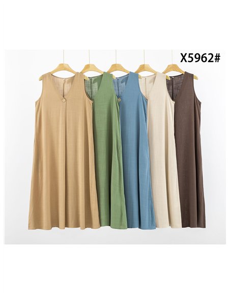 Vestido midi efecto lino con botón