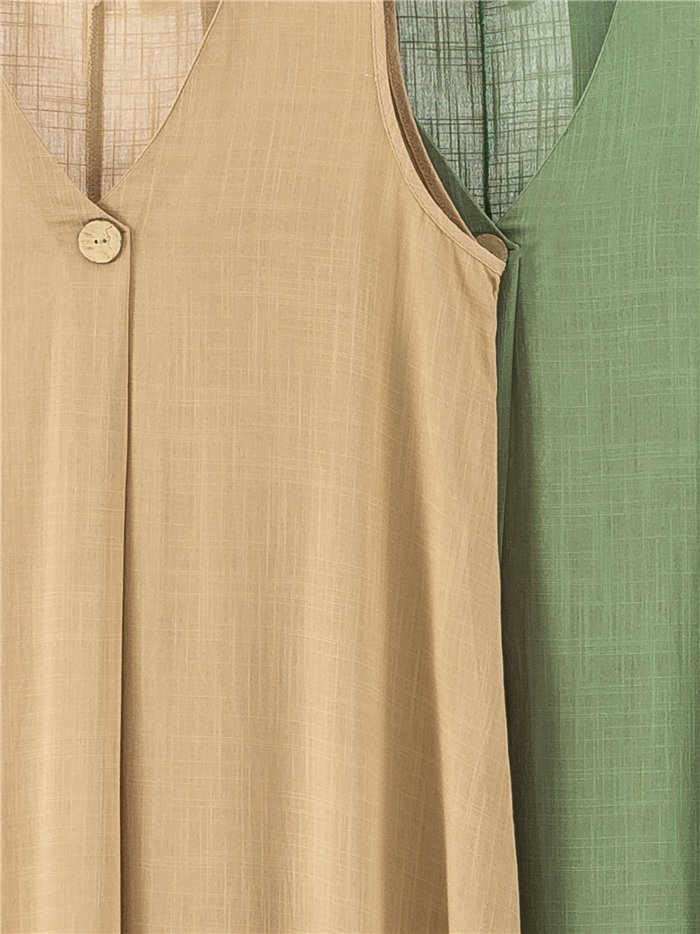 Vestido midi efecto lino con botón