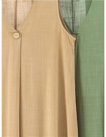 Vestido midi efecto lino con botón