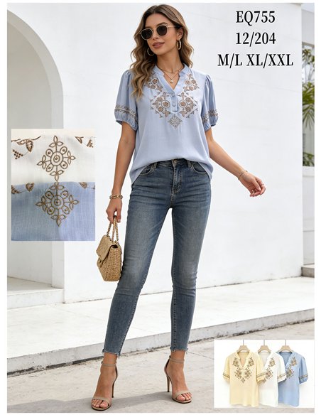 Blusa bordada con manga fruncida