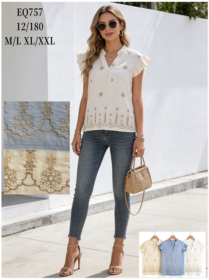 Blusa bordada estrellas con volante en hombros