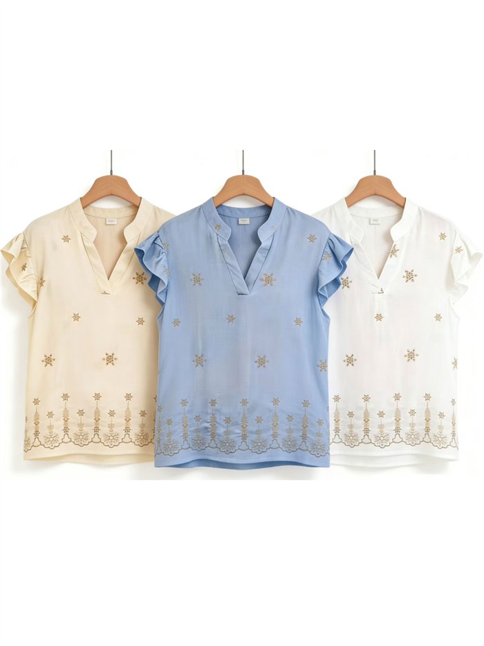 Blusa bordada estrellas con volante en hombros