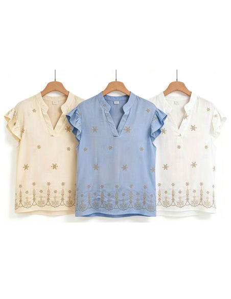 Blusa bordada estrellas con volante en hombros