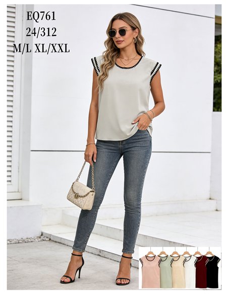 Ärmellose Bluse mit kontrastierender Borte