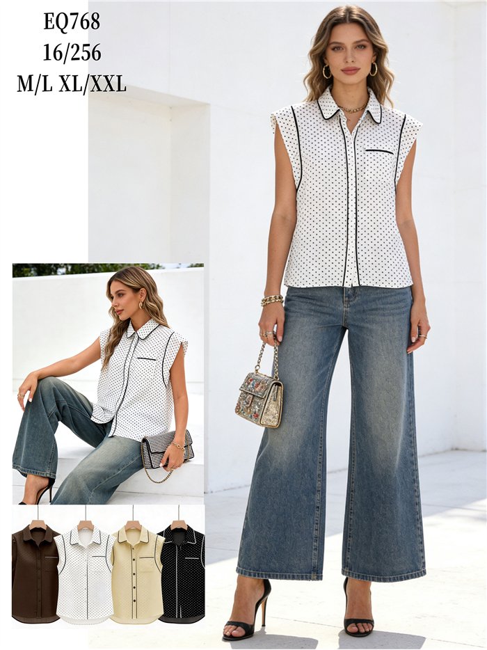 Blusa sem mangas com estampa de bolinhas e detalhes contrastantes.