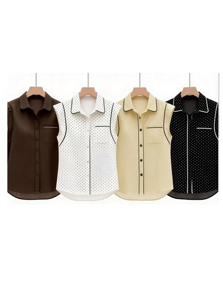 Blusa sem mangas com estampa de bolinhas e detalhes contrastantes.