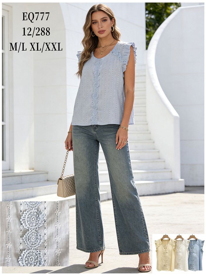 Durchbrochene Bluse mit Rüschenärmeln aus Guipure-Spitze