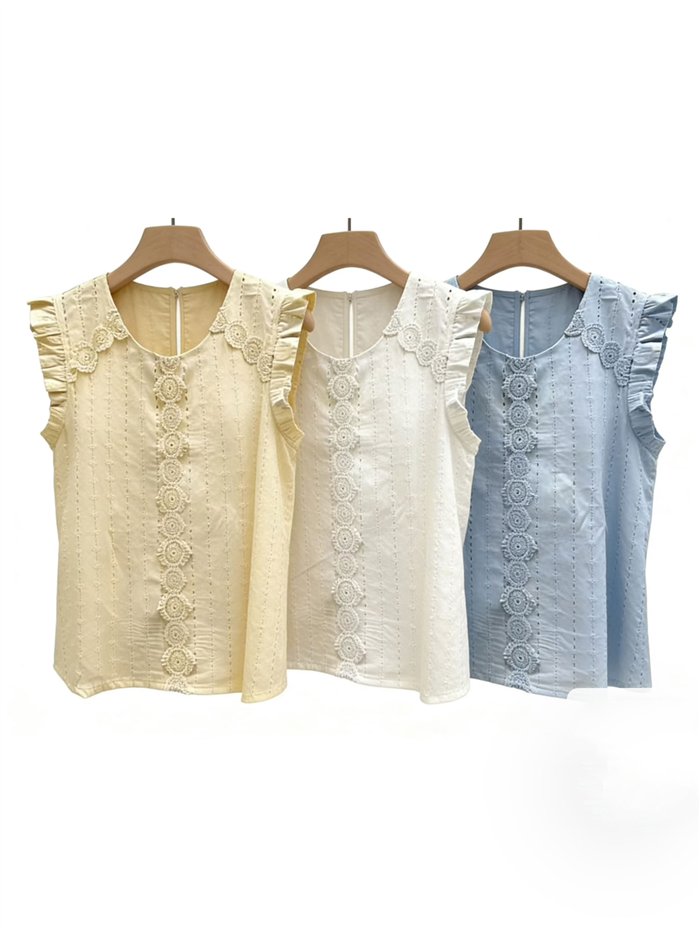 Durchbrochene Bluse mit Rüschenärmeln aus Guipure-Spitze