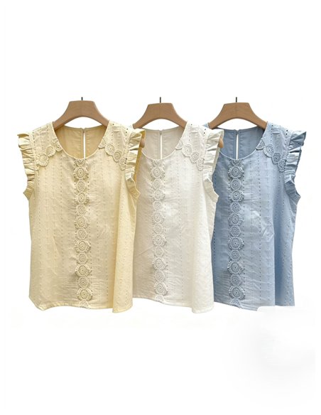 Durchbrochene Bluse mit Rüschenärmeln aus Guipure-Spitze