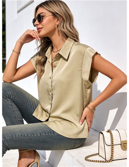 Camisa satinada sin mangas botones dorados