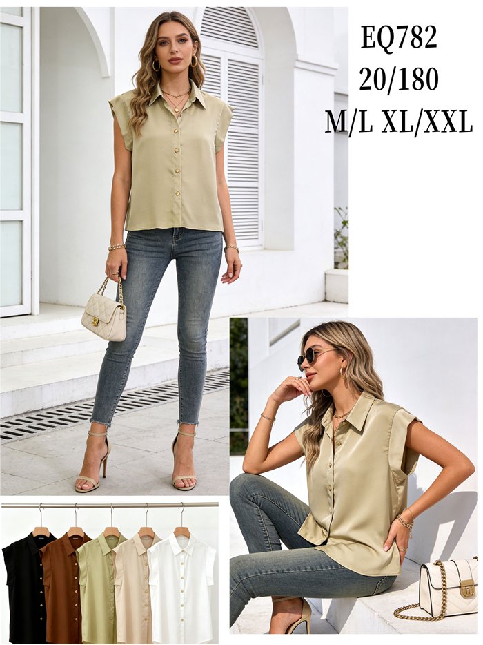 Camisa satinada sin mangas botones dorados