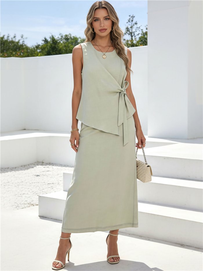 Ensemble blouse asymétrique à nouer sur le côté et jupe midi