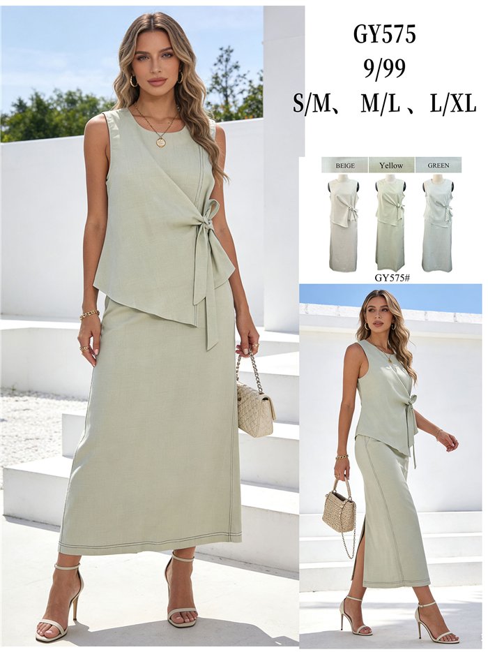 Ensemble blouse asymétrique à nouer sur le côté et jupe midi