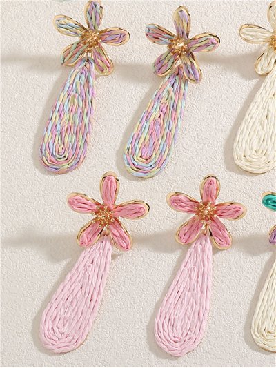 Pendientes lágrima de rafia con flor 2