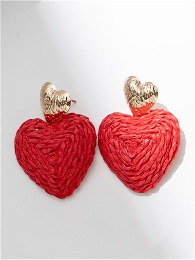 Pendientes corazón de rafia con detalle dorado 2