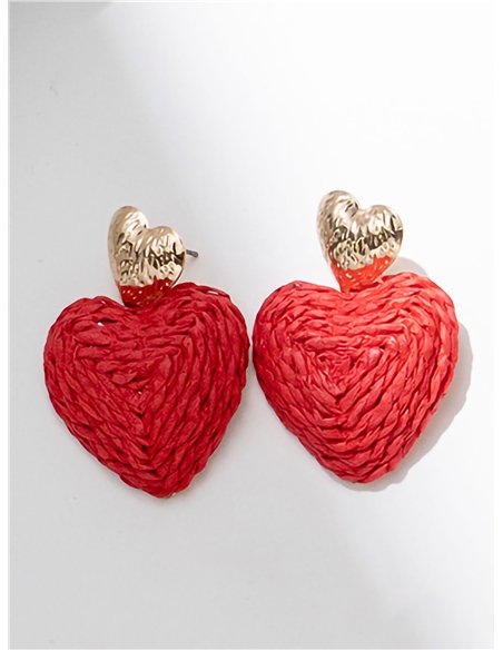 Pendientes corazón de rafia con detalle dorado