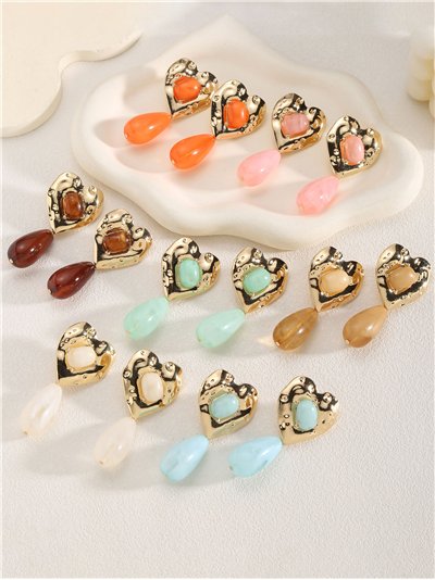 Pendientes corazón martelé con lágrima de resina