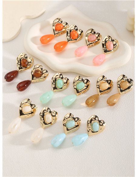 Pendientes corazón martelé con lágrima de resina